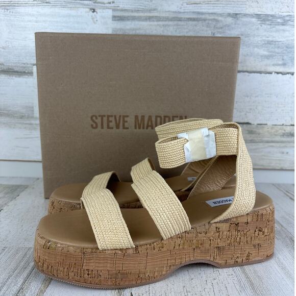 Steve Madden Women’s 9 Sashes Raffia Wedge Sandals Tan Platform Square Open Toe - Picture 4 of 8